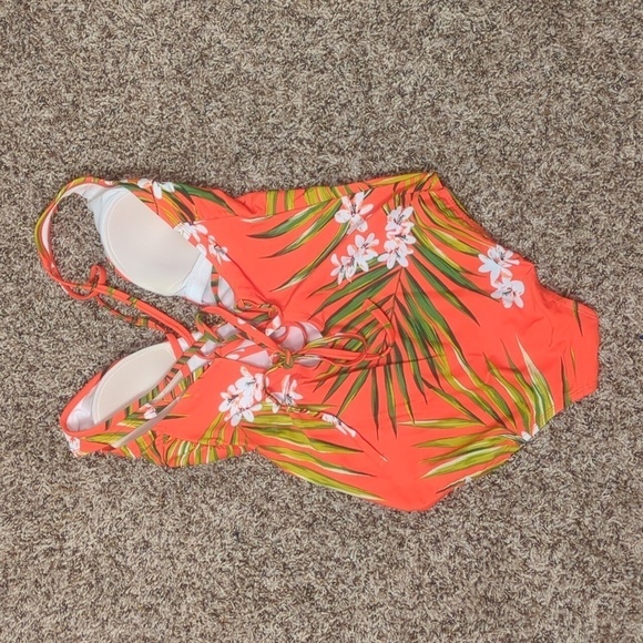 Kona sol red orange tropical floral v wire one piece open tie back swim suit - Picture 6 of 7